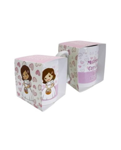 TAZA NIÑA COMUNIÓN ROSA EN CAJA PERSONALIZADA