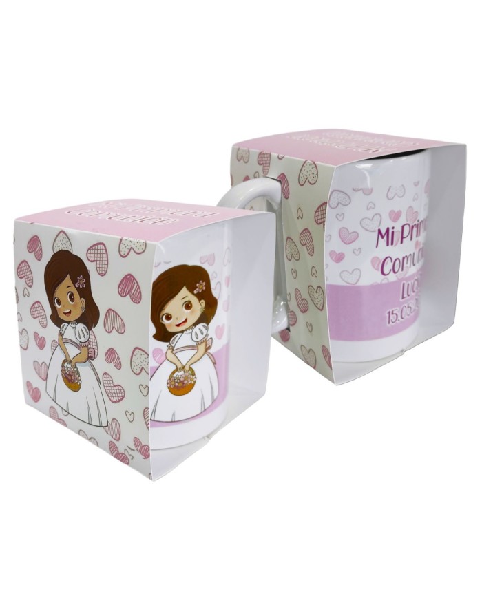 TAZA NIÑA COMUNIÓN ROSA EN CAJA PERSONALIZADA