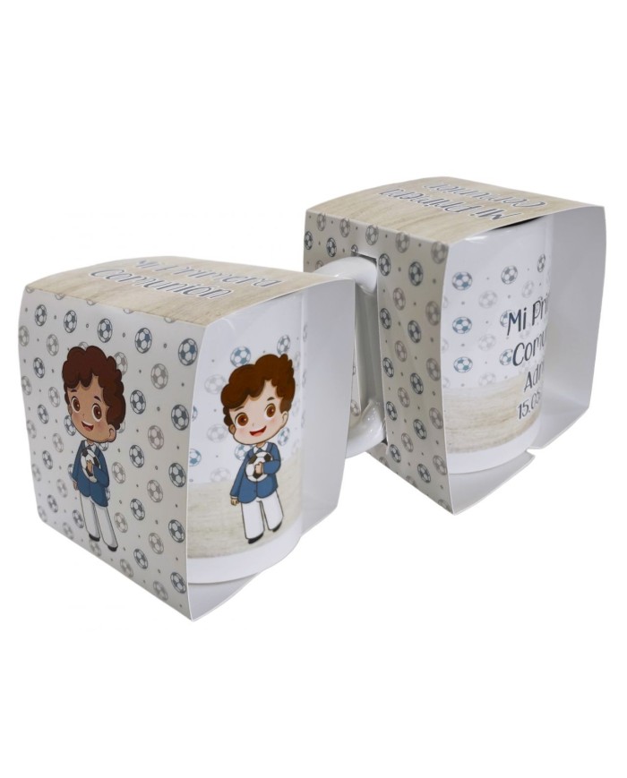 TAZA NIÑO COMUNIÓN BALONES EN CAJA PERSONALIZADA
