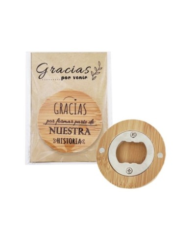 ABRIDOR MADERA EN BOLSA CON TARJETA GRACIAS