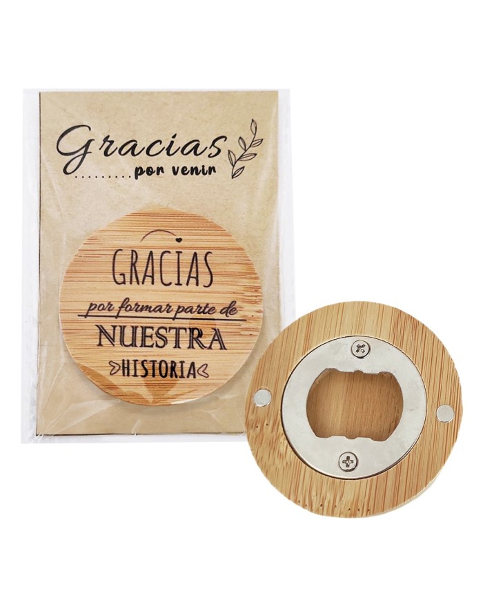 ABRIDOR MADERA EN BOLSA CON TARJETA GRACIAS