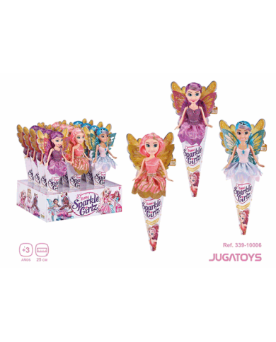 Muñeca princesa hada en cono Sparkle, 25 cm-Expositor 12 piezas