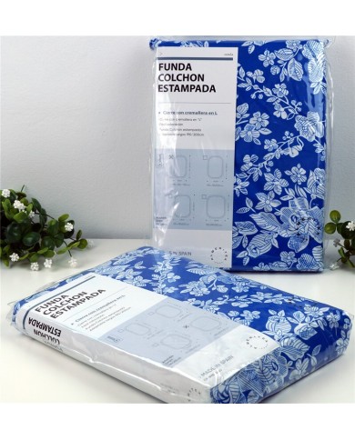 Funda Colchón Estampada azul con flores blancas