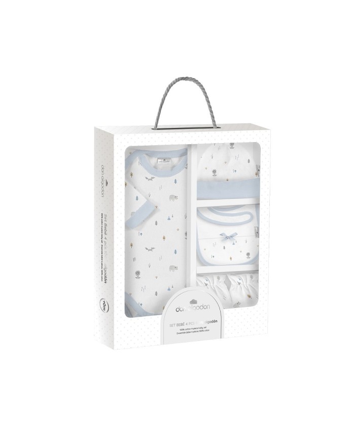 SET REGALO BODY 4 PCS 100% ALG TALLA 0-6 MOD ANIMALES FOX AZUL