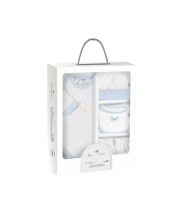 SET REGALO BODY 4 PCS 100% ALG TALLA 0-6 MOD CONEJITO COMETA AZUL