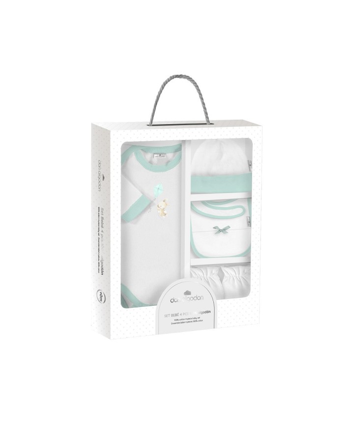 SET REGALO BODY 4 PCS 100% ALG TALLA 0-6 MOD CONEJITO COMETA VERDE