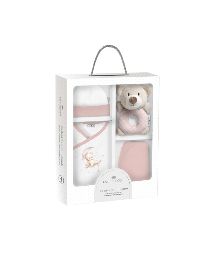 SET REGALO SONAJERO 4 PCS 100% ALG TALLA 0-6 MOD OSO ROSA