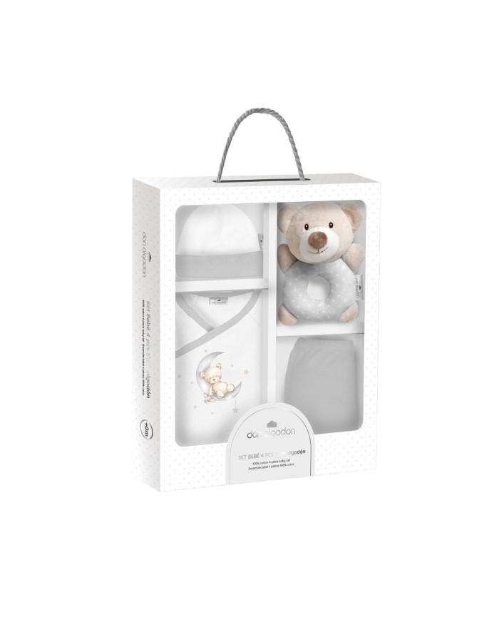 SET REGALO SONAJERO 4 PCS 100% ALG TALLA 0-6 MOD OSO GRIS