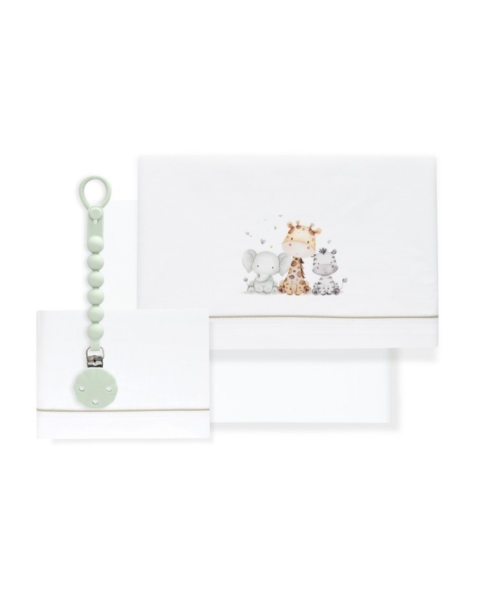 TRIPTICO CUNA ESTAMPADO JIRAFA ELEFANTE+BROCHE BCO/VERDE