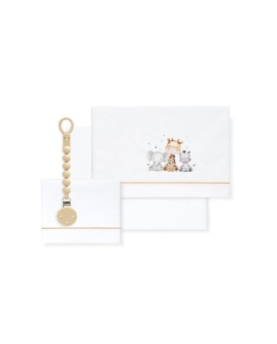 TRIPTICO CUNA ESTAMPADO JIRAFA ELEFANTE+BROCHE BCO/BEIG