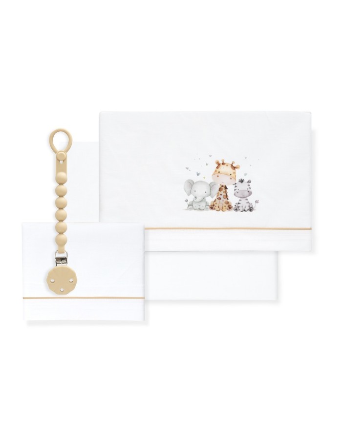 TRIPTICO CUNA ESTAMPADO JIRAFA ELEFANTE+BROCHE BCO/BEIG