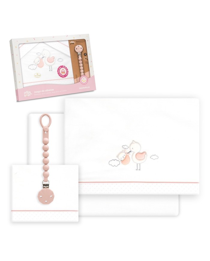 TRIPTICO CUNA CIGUEÑA OSO + BROCHE BCO/ROSA