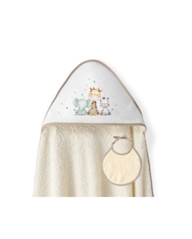 CAPA BAÑO 1X1 MOD JIRAFA ELEFANTE ESTAMPADO+BABERO BEIG