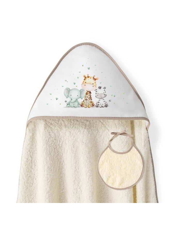 CAPA BAÑO 1X1 MOD JIRAFA ELEFANTE ESTAMPADO+BABERO BEIG