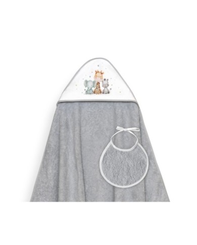 CAPA BAÑO 1X1 MOD JIRAFA ELEFANTE ESTAMPADO+BABERO GRIS