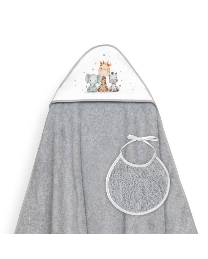 CAPA BAÑO 1X1 MOD JIRAFA ELEFANTE ESTAMPADO+BABERO GRIS