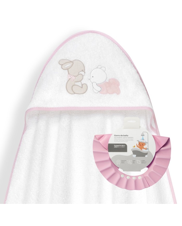CAPA BAÑO 1X1 MOD OSO TUMBADO CONEJITO+GORRO BCO/ROSA