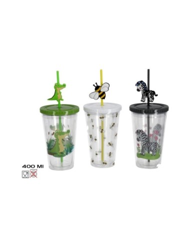 VASO CON CAÑITA ANIMALS 400ML 3 SURTIDOS