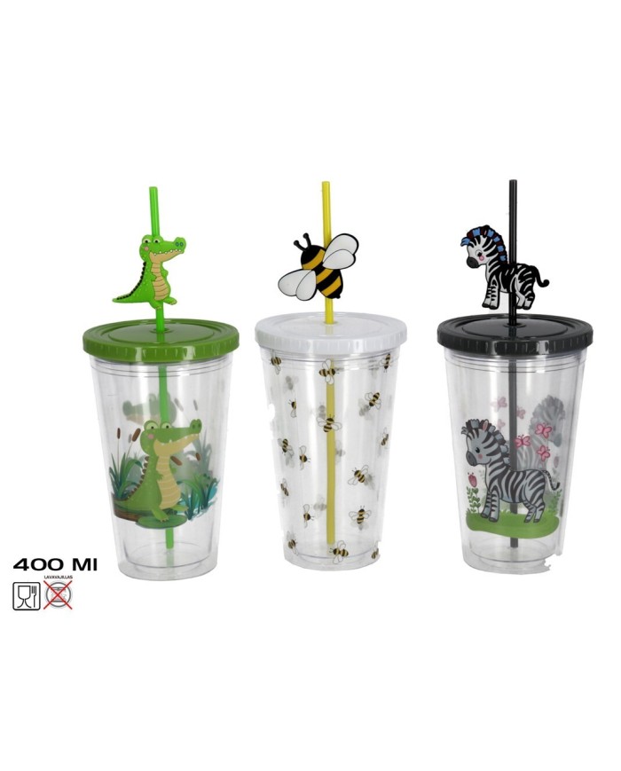 VASO CON CAÑITA ANIMALS 400ML 3 SURTIDOS