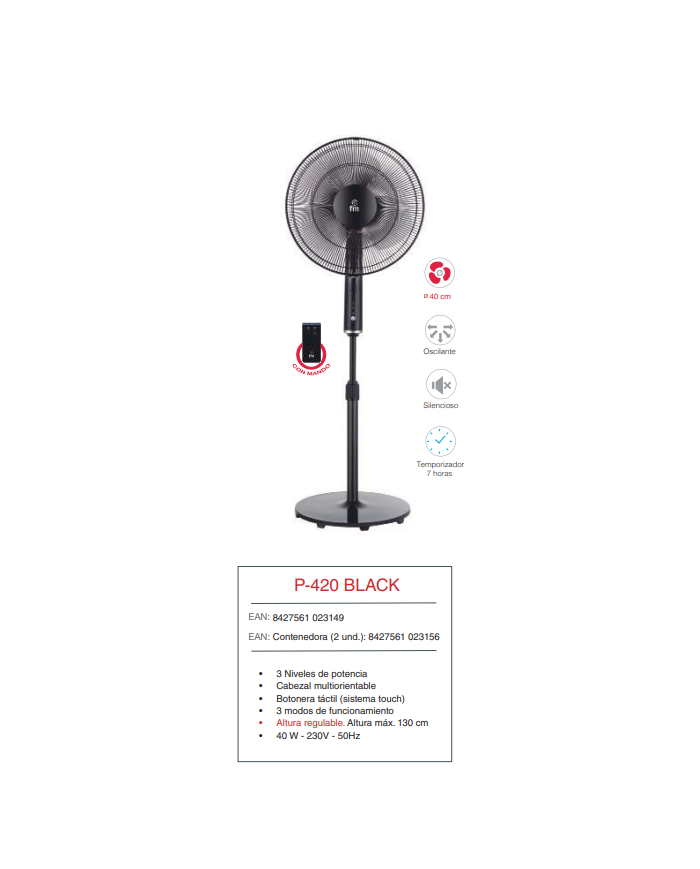 Ventilador 40 cm temporizador mando a dist