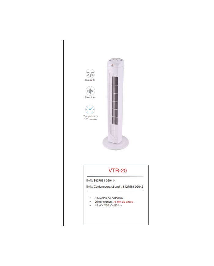 Ventilador de torre altura 76 cm temporizador