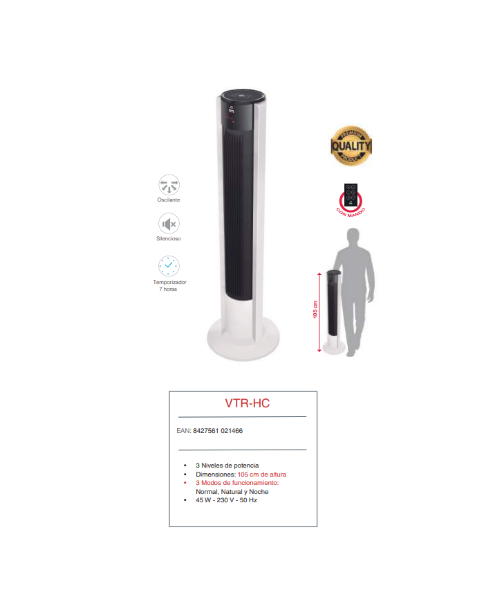 Ventilador de torre altura 105 cm acabado PREMIUM