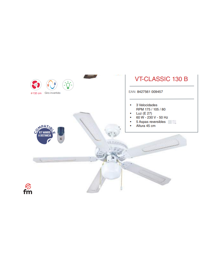 132 cm con Luz palas blancas