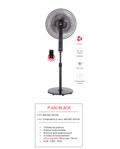 Ventilador 40 cm temporizador mando a dist