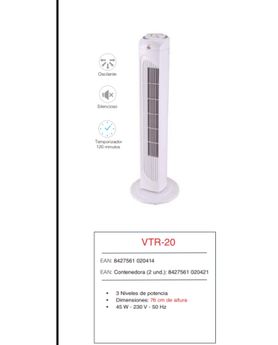 Ventilador de torre altura 76 cm temporizador