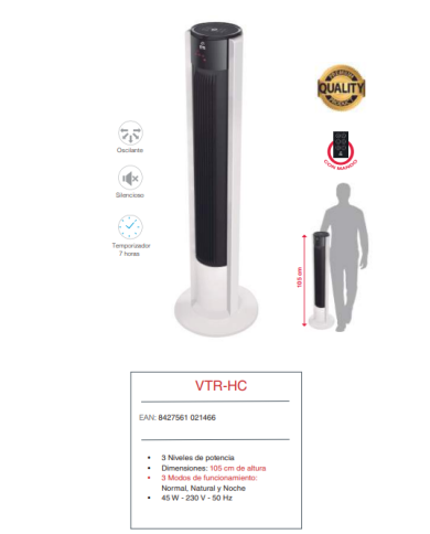 Ventilador de torre altura 105 cm acabado PREMIUM