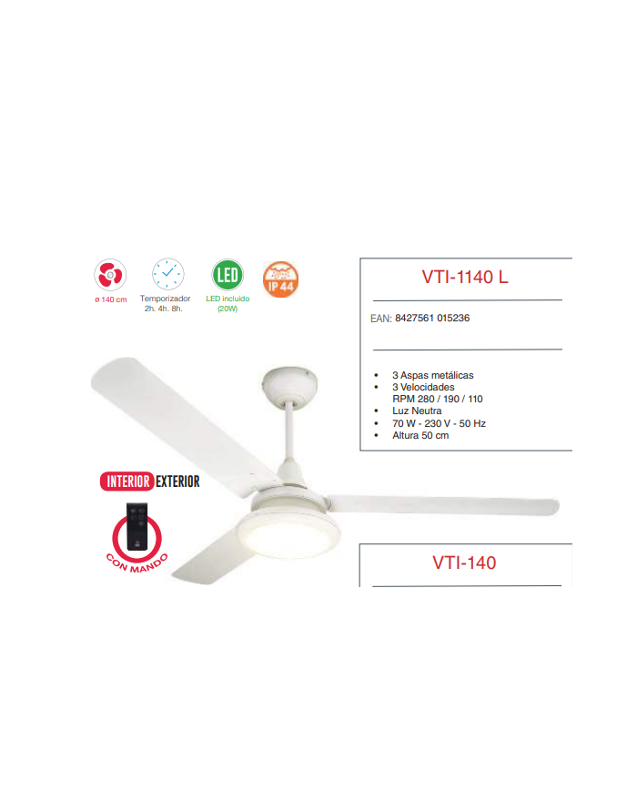 140 cm Luz LED incluida Mando a distancia