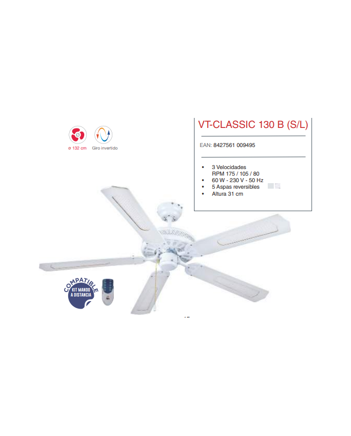 132 cm Ø sin Luz palas blancas