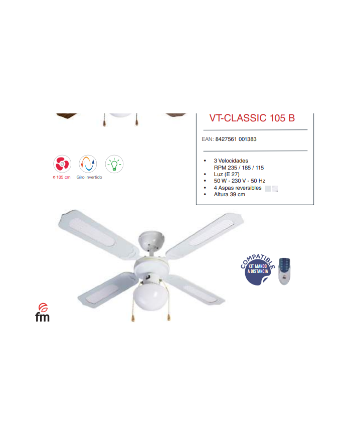 105 cm con Luz palas blancas