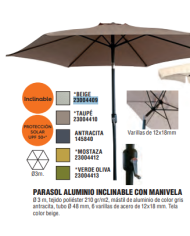 PARASOL ALUMINIO INCLINABLE BEIGE 3 M TUBO 48 MM CON MANIVEL