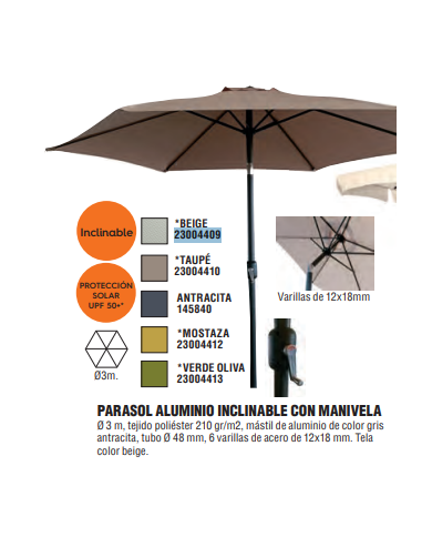 PARASOL ALUMINIO INCLINABLE TAUPE 3 M TUBO 48 MM CON MANIVEL