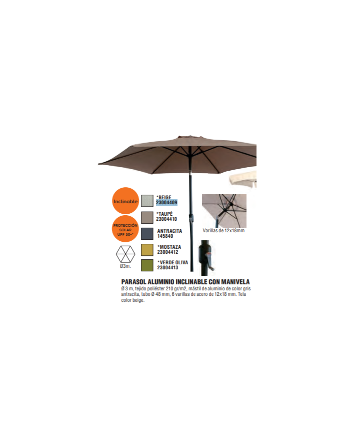 PARASOL ALUMINIO INCLINABLE TAUPE 3 M TUBO 48 MM CON MANIVEL
