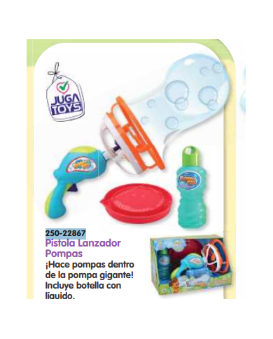 Pistola lanzador pompas, ¡Hace pompas dentro de la pompa gigante! incluye botella con líquido