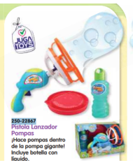 Lanzador pompas doble, incluye botella con líquido