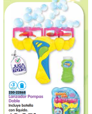 Lanzador pompas doble, incluye botella con líquido
