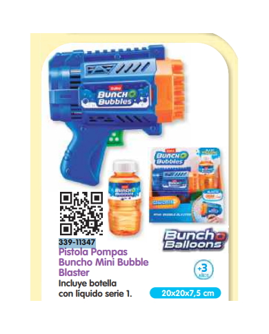 Pistola pompas BunchO Mini Bubble Blaster, incluye botella con líquido Serie 1 20X20X7'5cm