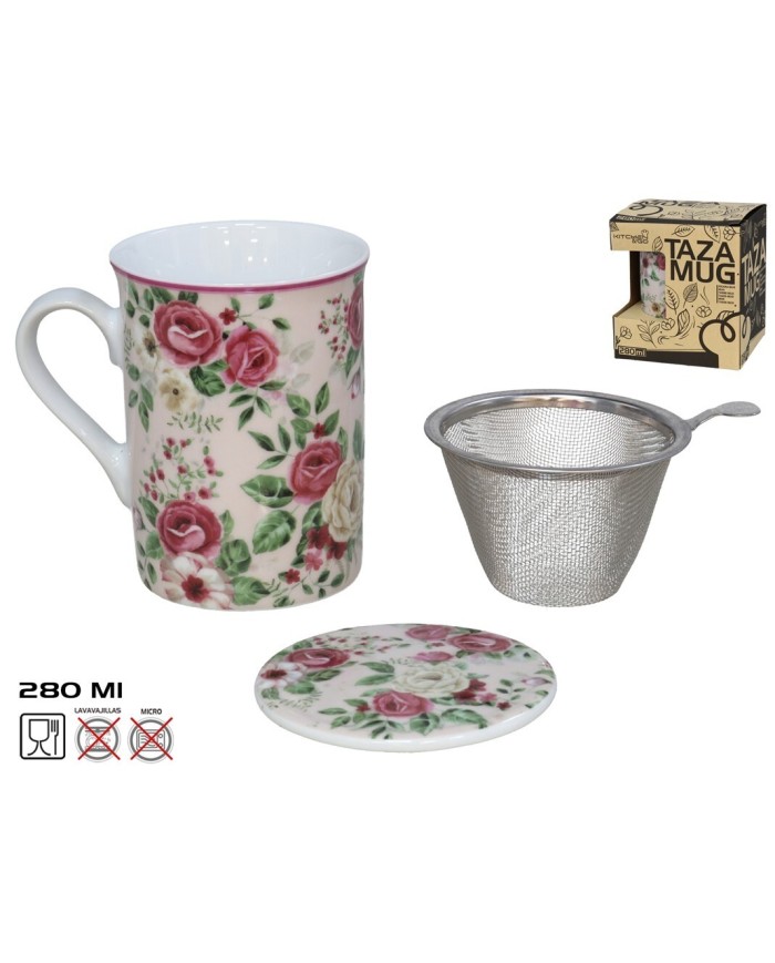 TAZA MUG FLOWERS 280ML C/FILTRO Y TAPA