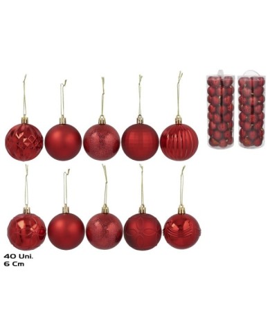 TUBO 40 BOLAS NAVIDAD ROJAS 6CM 7 SURTID