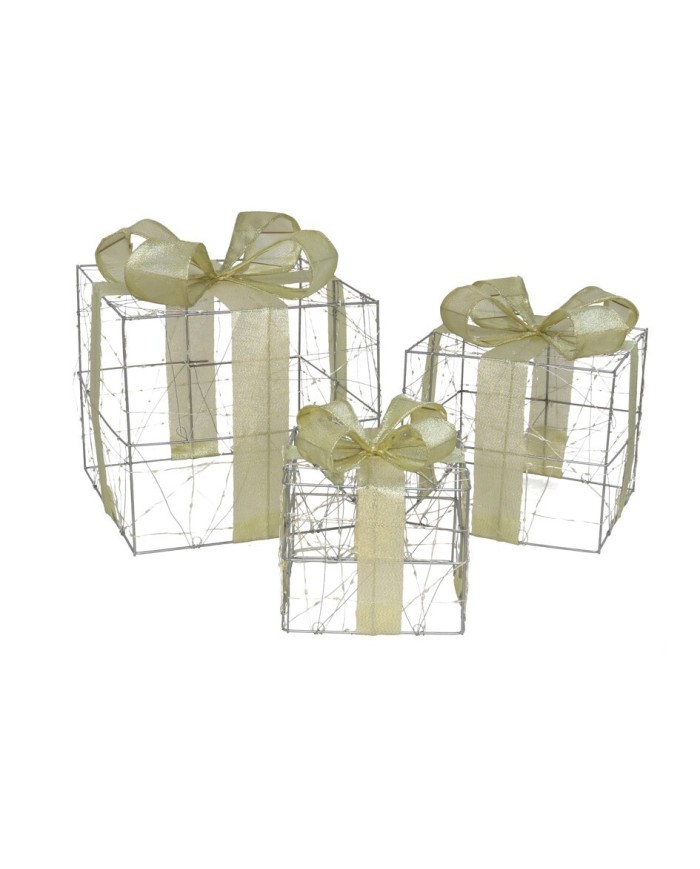 S/3 CAJA REGALO METAL 800 LUCES 15/20/25CM PLATA