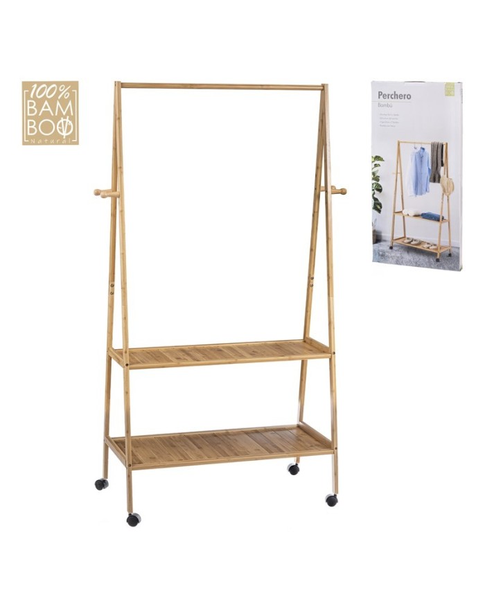 PERCHERO BAMBU 2 BALDAS CON RUEDAS